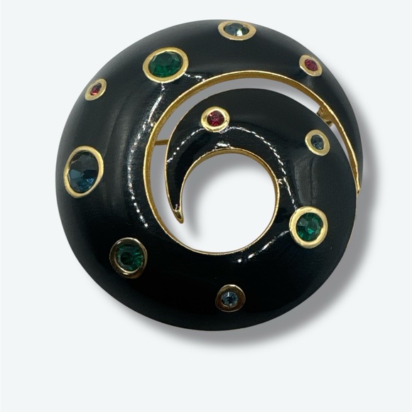 Givenchy Black and Gold Spiral Brooch with Gem Accents